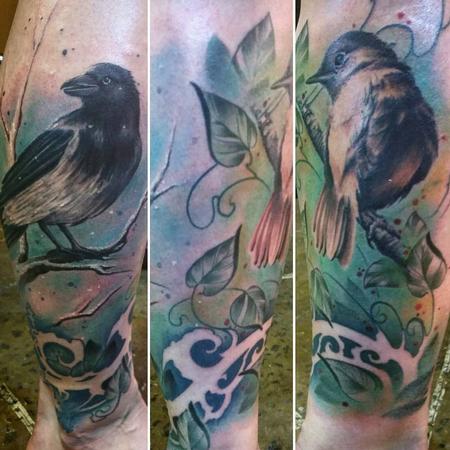 Tattoos - Color Art Nouveau birds, vines, branches, trees on leg, rework by Yorick Tattoo - 130735